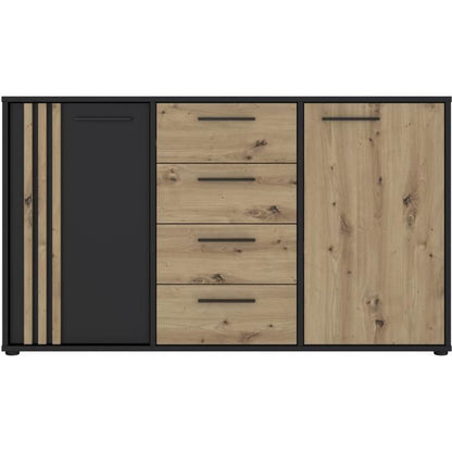 DRESSOIR CARDIGAN 2 deuren, 4 laden - Ambachtelijk eiken en zwart decor - L142,6 x D34,2 x H82,3 cm - Zwarte metalen handgrepen