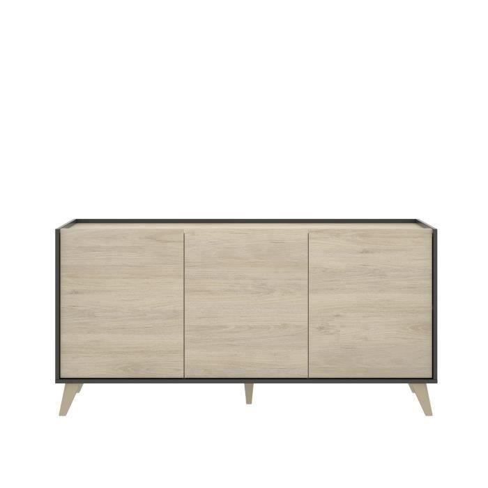 Moderne dressoir met 3 deuren - Grafiet en eiken decor - L 155 x D 43 x H 75 cm - NESS