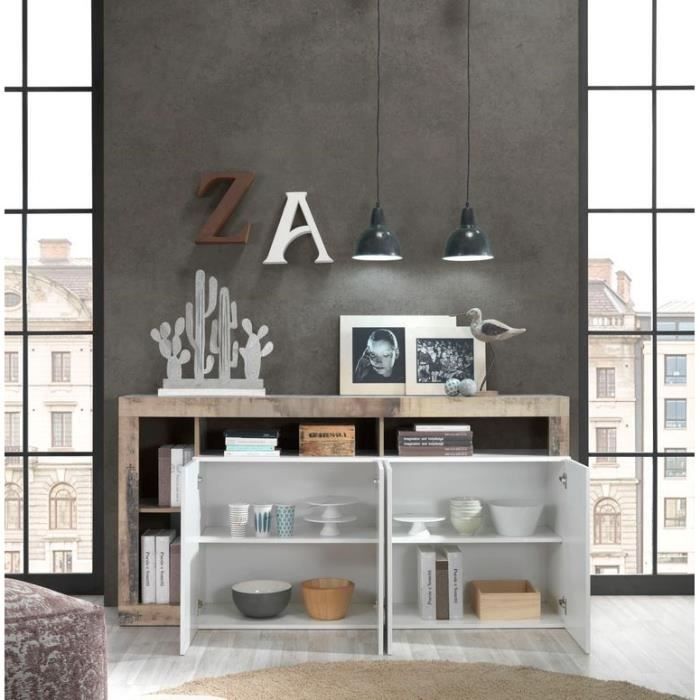 Dressoir met 4 deuren - glanzend gelakt wit en vintage houtimitatie - L 184 x D 42 x H 93 cm - MAESTRO