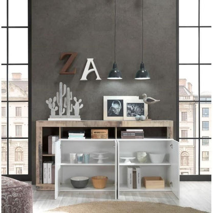 Dressoir met 4 deuren - glanzend gelakt wit en vintage houtimitatie - L 184 x D 42 x H 93 cm - MAESTRO
