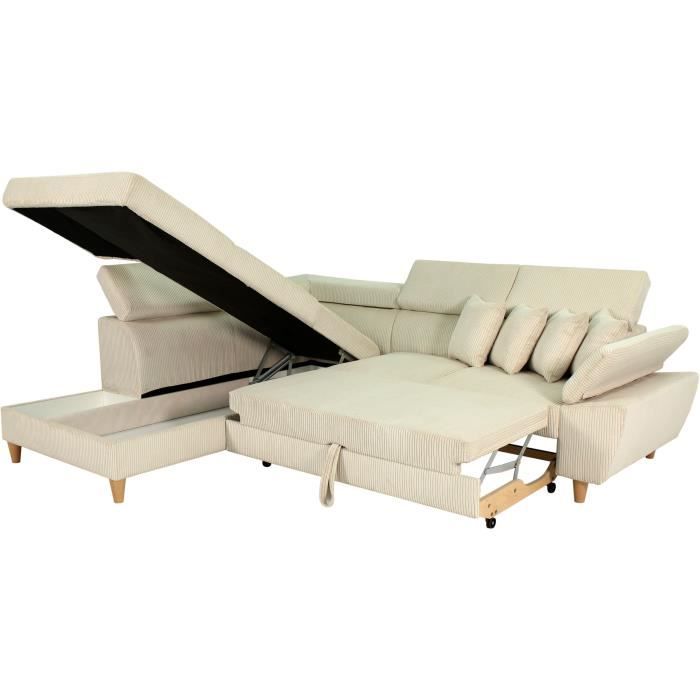 WESTON 4-zits slaapbank - Beige ribfluweel - Verstelbare hoofdsteunen - 259 x 227 x 77/92 cm