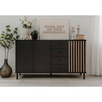 Dressoir - MONZA - Zwart decor / ambachtelijk eikenhout - 3 deuren - 4 laden - 160 x 90 x 40 cm