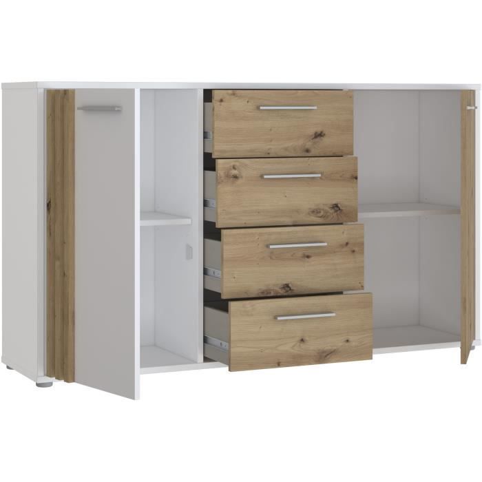 DRESSOIR CARDIGAN 2 deuren, 4 laden - Artisan eiken en wit decor - L142,6 x D34,2 x H82,3 cm - Metalen handgrepen met aluminium effect