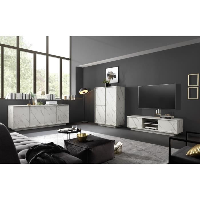 Dressoir met 4 deuren - Wit marmer - L 180 x D 43 x H 70 Cm - MARMO