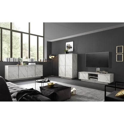 Dressoir met 4 deuren - Wit marmer - L 180 x D 43 x H 70 Cm - MARMO