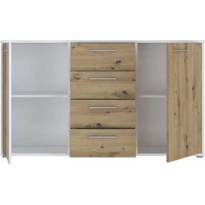 DRESSOIR CARDIGAN 2 deuren, 4 laden - Artisan eiken en wit decor - L142,6 x D34,2 x H82,3 cm - Metalen handgrepen met aluminium effect