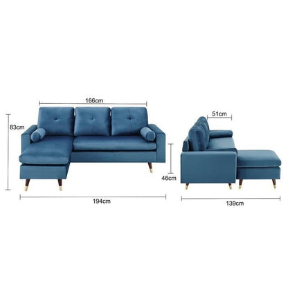 New York Omkeerbare vaste hoekbank - 3 plaatsen - blauwe stof - hout en gouden voeten - l 194 x d 139 x H 83
