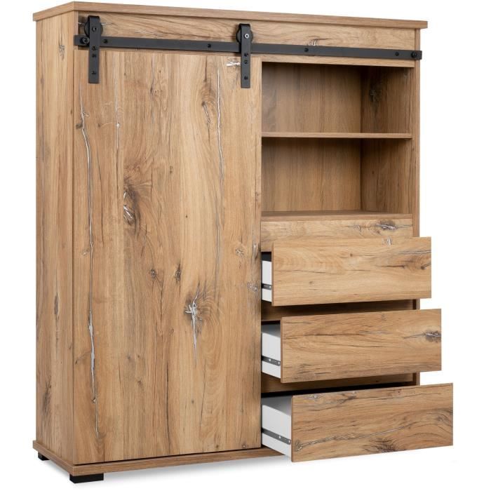 MANZANO dressoir - Flagstaff eiken decor - 1 schuifdeur + 3 laden + 2 nissen - L120 x H140 x D40 cm