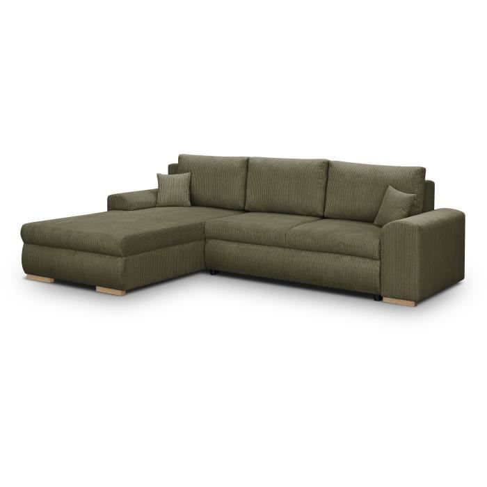 INDIAN hoekbank met 5 zitplaatsen - Khakigroene corduroy stof - Opbergvak - 289 x 94/188 x 88 cm