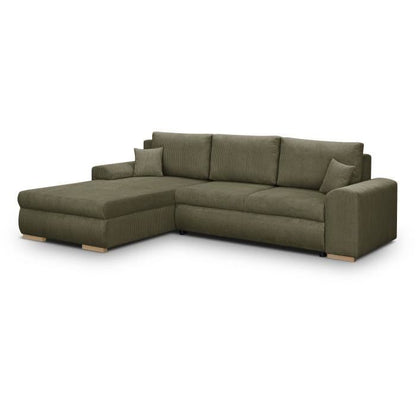 INDIAN hoekbank met 5 zitplaatsen - Khakigroene corduroy stof - Opbergvak - 289 x 94/188 x 88 cm