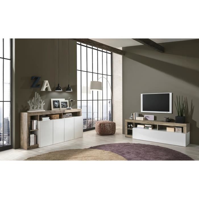 Dressoir met 4 deuren - glanzend gelakt wit en vintage houtimitatie - L 184 x D 42 x H 93 cm - MAESTRO