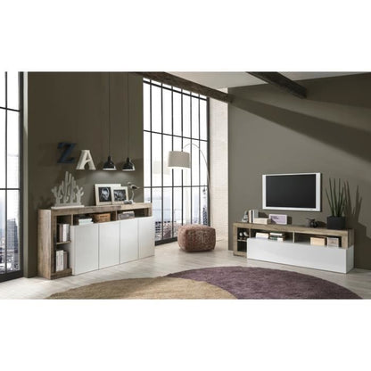 Dressoir met 4 deuren - glanzend gelakt wit en vintage houtimitatie - L 184 x D 42 x H 93 cm - MAESTRO
