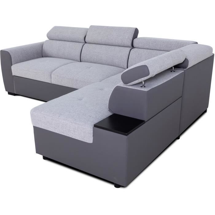 KELIO omkeerbare hoekbank - 4/5 zitplaatsen  - Silex PU bi-materiaal stof / Grijs - 3 hoofdsteunen - 245 x 184 x 77/87 cm