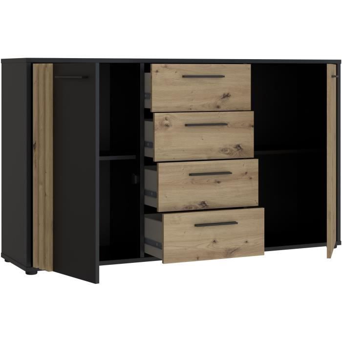 DRESSOIR CARDIGAN 2 deuren, 4 laden - Ambachtelijk eiken en zwart decor - L142,6 x D34,2 x H82,3 cm - Zwarte metalen handgrepen