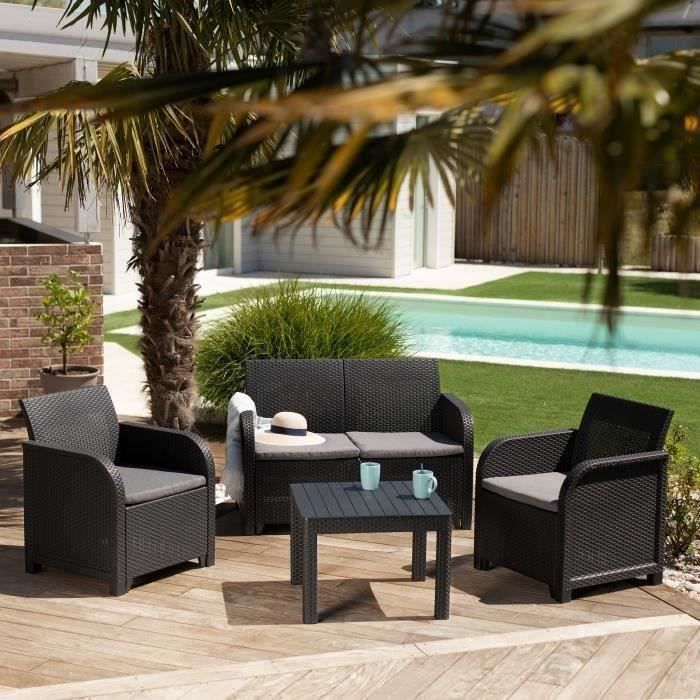 ALLIBERT by KETER - SanRemo 4-zits tuinmeubilair en salontafel - imitatie gevlochten rotan - grafietgrijs