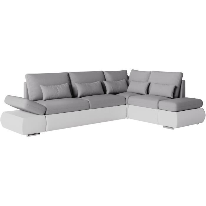 SEVARA 4-zits hoekbank - Wit PU en lichtgrijze stof - Opbergdoos - L267 x D200 x H90 cm