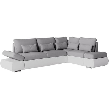 SEVARA 4-zits hoekbank - Wit PU en lichtgrijze stof - Opbergdoos - L267 x D200 x H90 cm