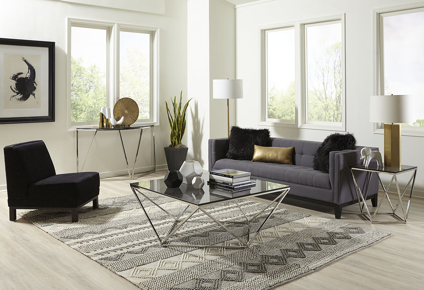 Aria Console Tafel van Gerookt Glas en Gepolijst Roestvrij Staal