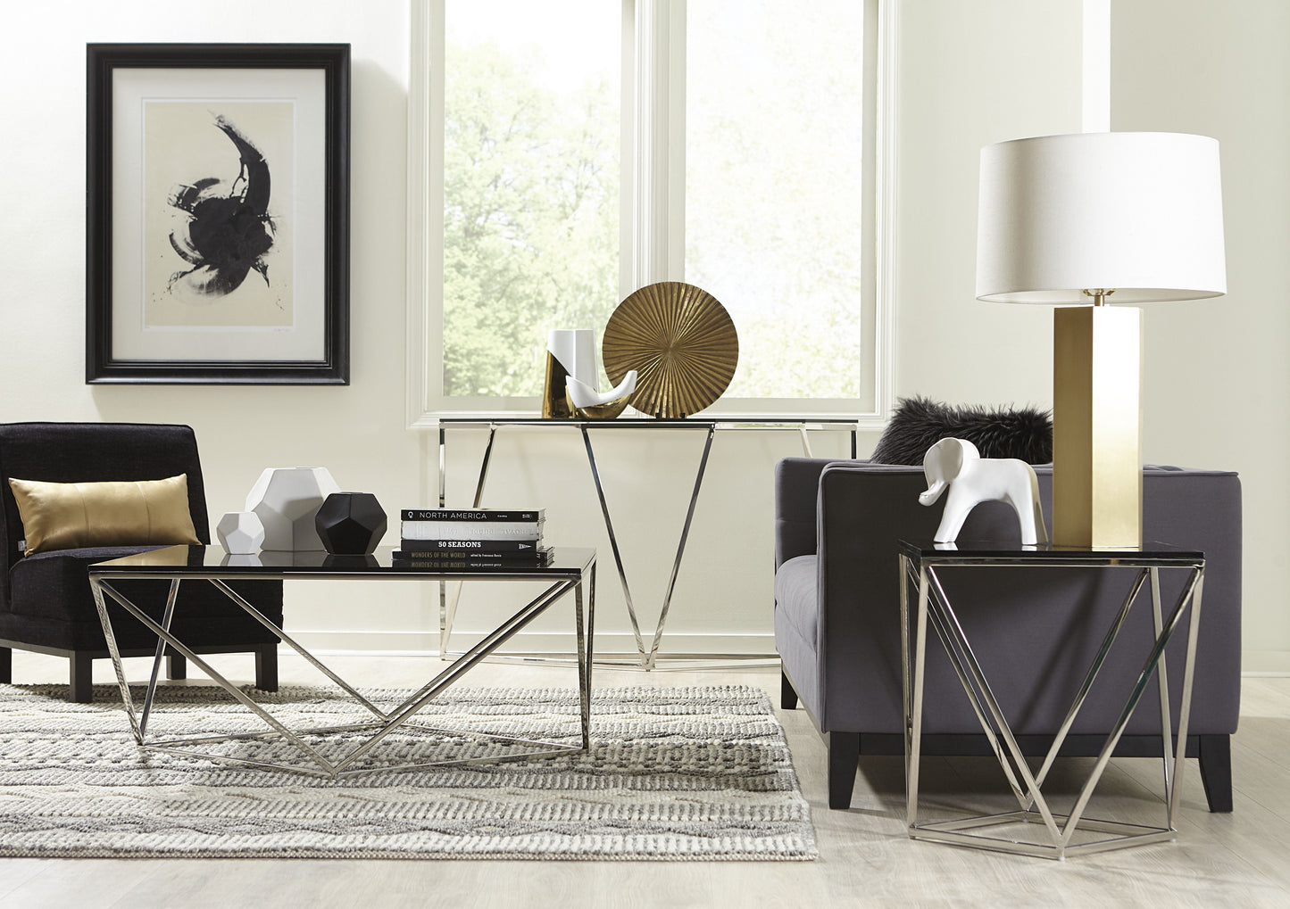 Aria Console Tafel van Gerookt Glas en Gepolijst Roestvrij Staal