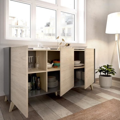 Moderne dressoir met 3 deuren - Grafiet en eiken decor - L 155 x D 43 x H 75 cm - NESS