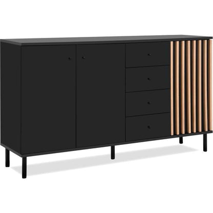Dressoir - MONZA - Zwart decor / ambachtelijk eikenhout - 3 deuren - 4 laden - 160 x 90 x 40 cm