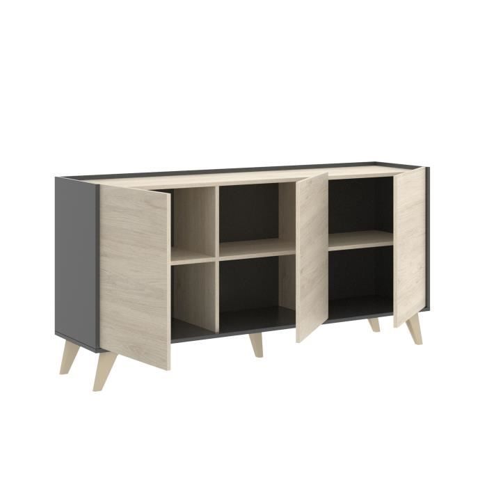 Tv-meubel set met 2 kleppen + dressoir 3 deuren + salontafel - Natuurlijk eiken en grafiet - NESS
