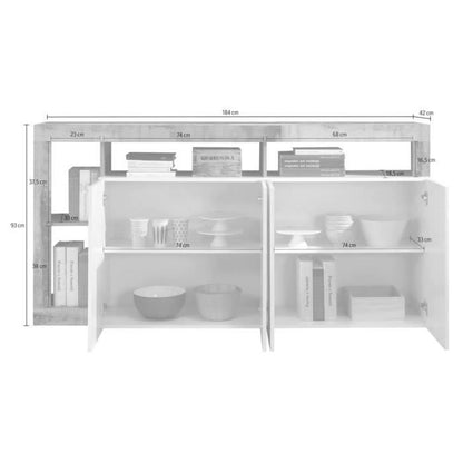 Dressoir met 4 deuren - glanzend gelakt wit en vintage houtimitatie - L 184 x D 42 x H 93 cm - MAESTRO