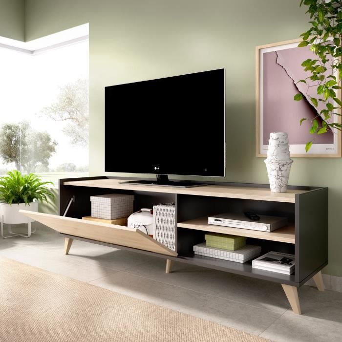 NESS woonkamerset: TV-meubel + Opklapbare salontafel - Melamine - Decor eiken en antraciet
