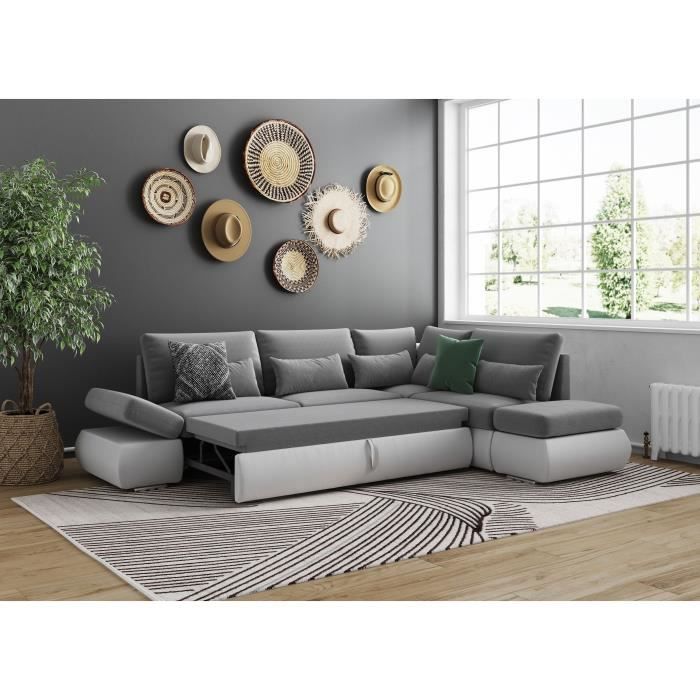 SEVARA 4-zits hoekbank - Wit PU en lichtgrijze stof - Opbergdoos - L267 x D200 x H90 cm