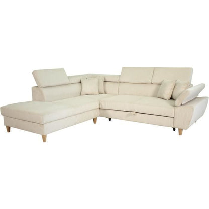 WESTON 4-zits slaapbank - Beige ribfluweel - Verstelbare hoofdsteunen - 259 x 227 x 77/92 cm