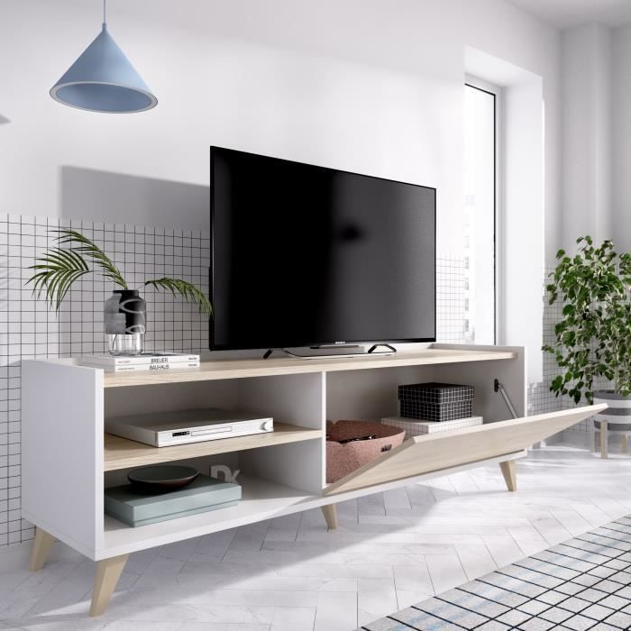 NESS woonkamerset: TV-meubel + Opklapbare salontafel - Melamine - Licht eiken en wit decor
