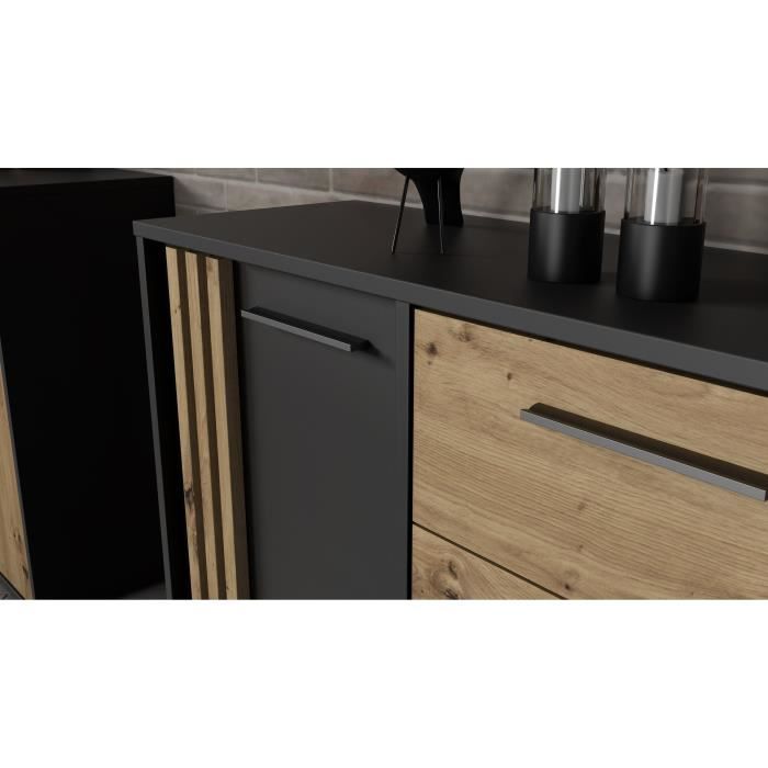 DRESSOIR CARDIGAN 2 deuren, 4 laden - Ambachtelijk eiken en zwart decor - L142,6 x D34,2 x H82,3 cm - Zwarte metalen handgrepen