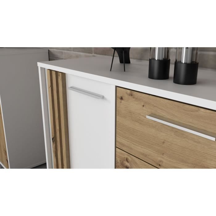 DRESSOIR CARDIGAN 2 deuren, 4 laden - Artisan eiken en wit decor - L142,6 x D34,2 x H82,3 cm - Metalen handgrepen met aluminium effect