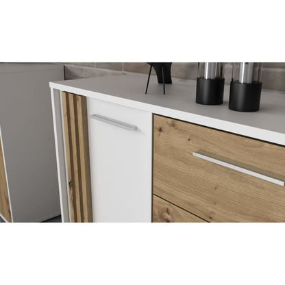 DRESSOIR CARDIGAN 2 deuren, 4 laden - Artisan eiken en wit decor - L142,6 x D34,2 x H82,3 cm - Metalen handgrepen met aluminium effect