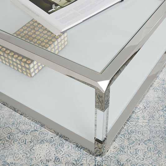 Jasper rechthoekige salontafel in acryl, wit glas en gepolijst roestvrij staal.