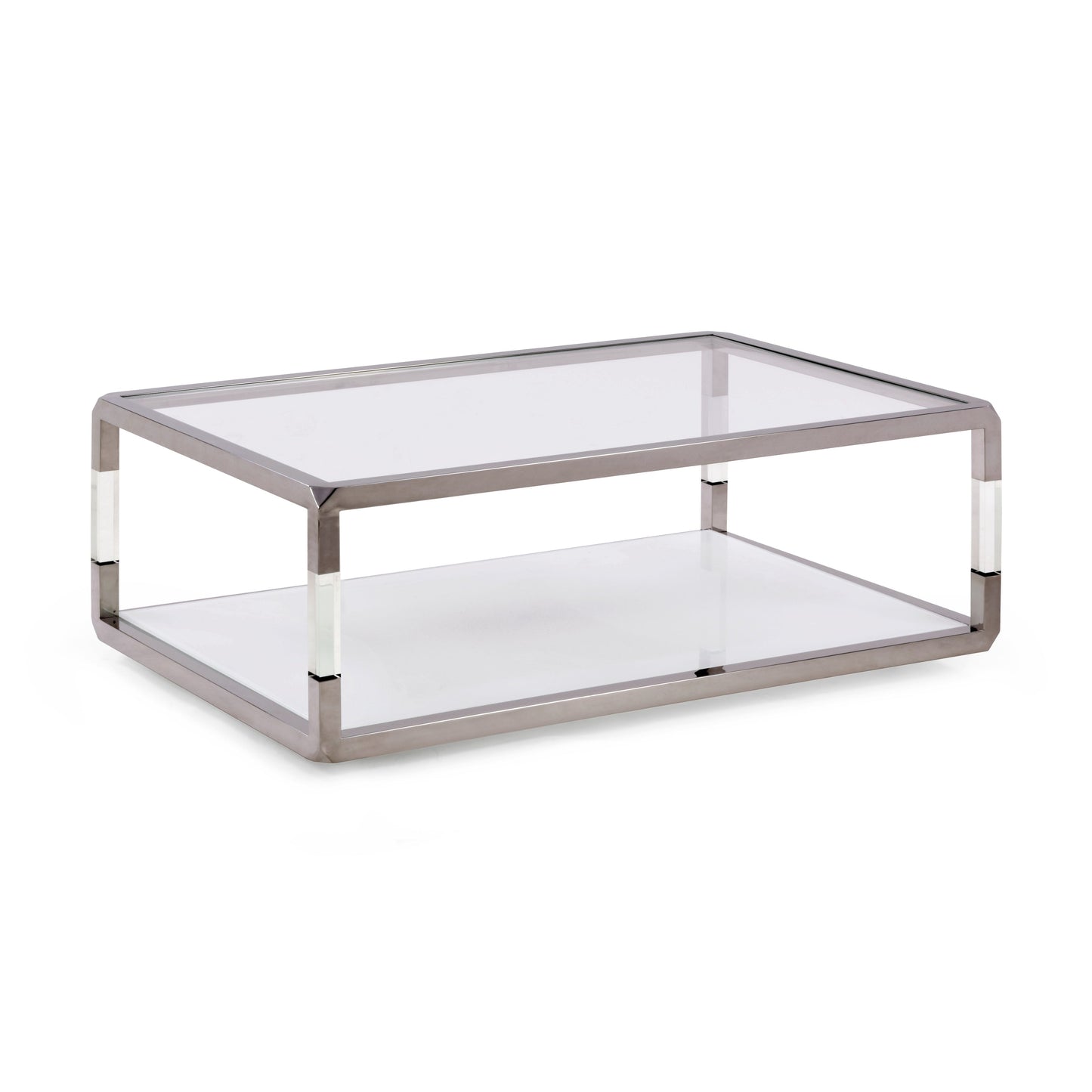 Jasper rechthoekige salontafel in acryl, wit glas en gepolijst roestvrij staal.