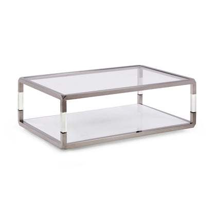 Jasper rechthoekige salontafel in acryl, wit glas en gepolijst roestvrij staal.