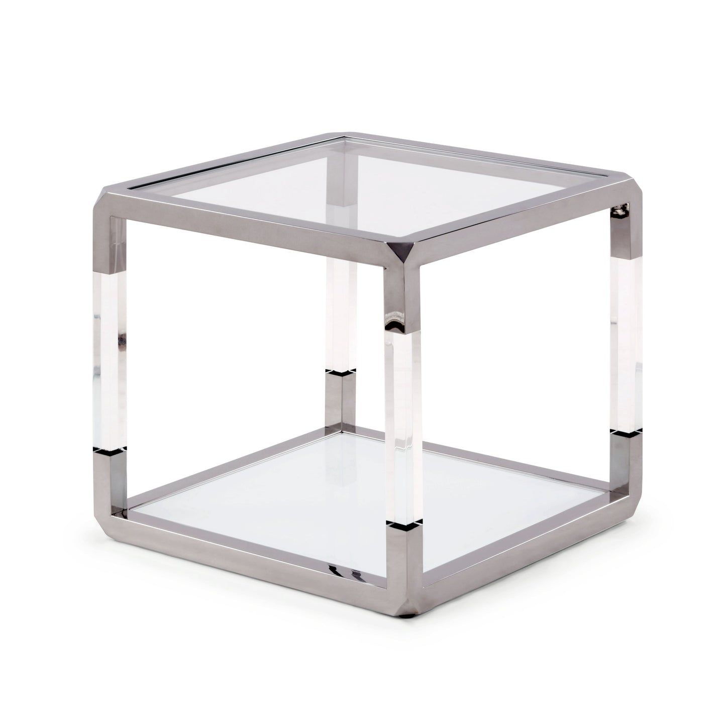Jasper bijzettafel in acryl, wit glas en gepolijst roestvrij staal