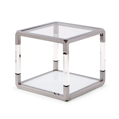 Jasper bijzettafel in acryl, wit glas en gepolijst roestvrij staal