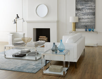 Jasper Console Tafel in Acryl, Wit Glas en Gepolijst Roestvrij Staal