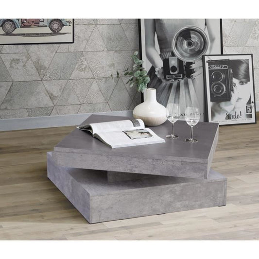 Vierkante draaibare salontafel - Spaanplaat - Lichtgrijs betondecor - Klassiek - L 78 x D 78 x H 35,4 cm - KOFFIE