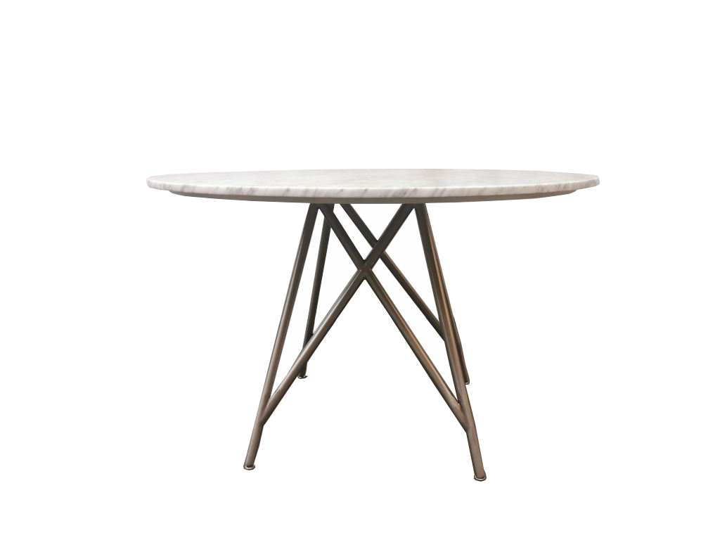 Ronde eettafel van koraal in marmer en geborsteld roestvrij staal.