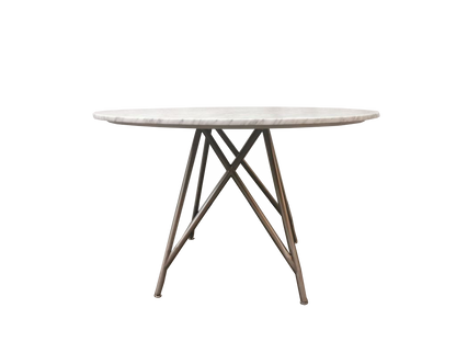 Ronde eettafel van koraal in marmer en geborsteld roestvrij staal.