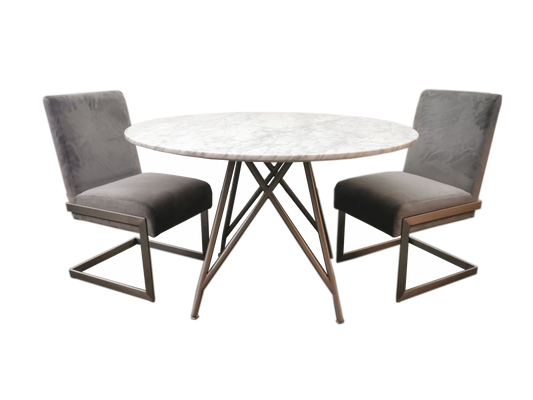 Ronde eettafel van koraal in marmer en geborsteld roestvrij staal.