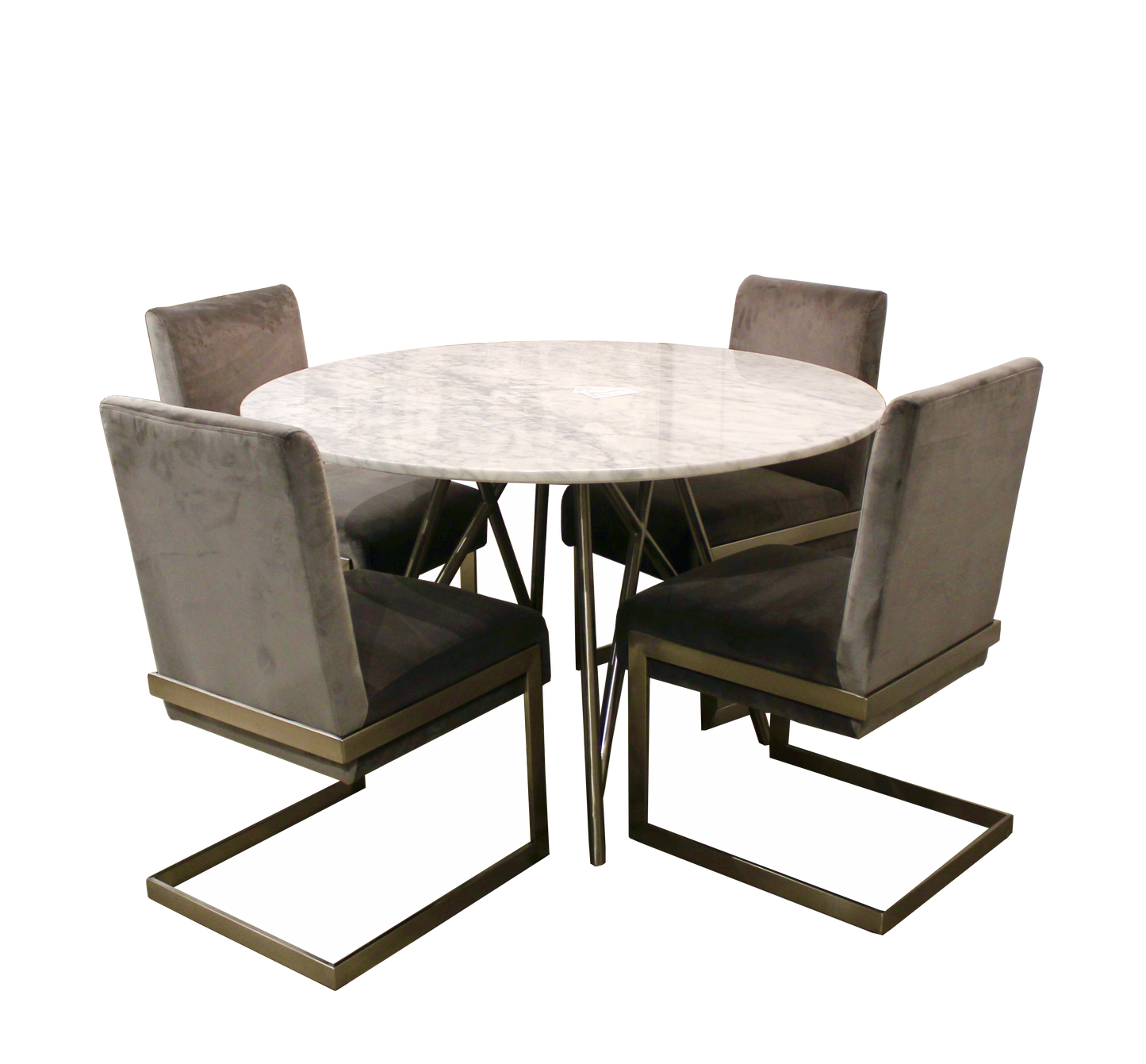Ronde eettafel van koraal in marmer en geborsteld roestvrij staal.