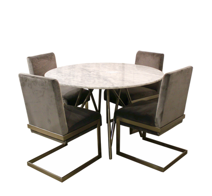 Ronde eettafel van koraal in marmer en geborsteld roestvrij staal.