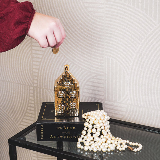 Ornament- Spaarpot - Huis - Keramiek - Goud - 7x7x13cm
