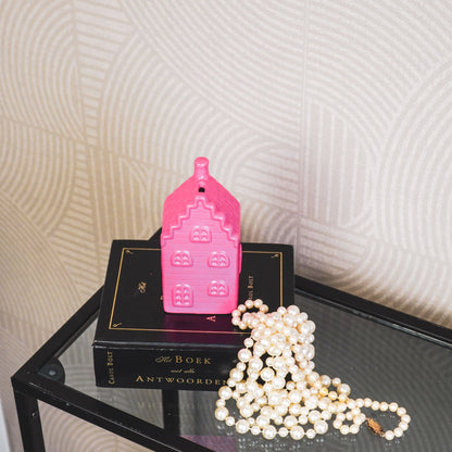 Ornament- Spaarpot - Huis - Keramiek- Neonroze - 7x7x13cm