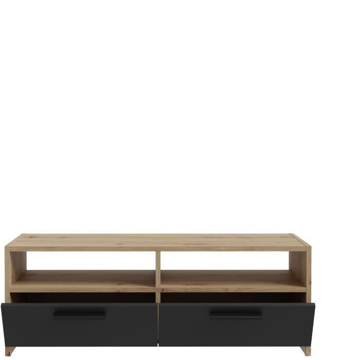 PILVI TV-meubel - Eigentijdse stijl - Eiken en Zwart decor - 2 kleppen + 2 nissen - L 95 x D 36 x H 34,5 cm