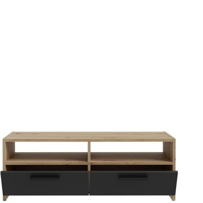 PILVI TV-meubel - Eigentijdse stijl - Eiken en Zwart decor - 2 kleppen + 2 nissen - L 95 x D 36 x H 34,5 cm